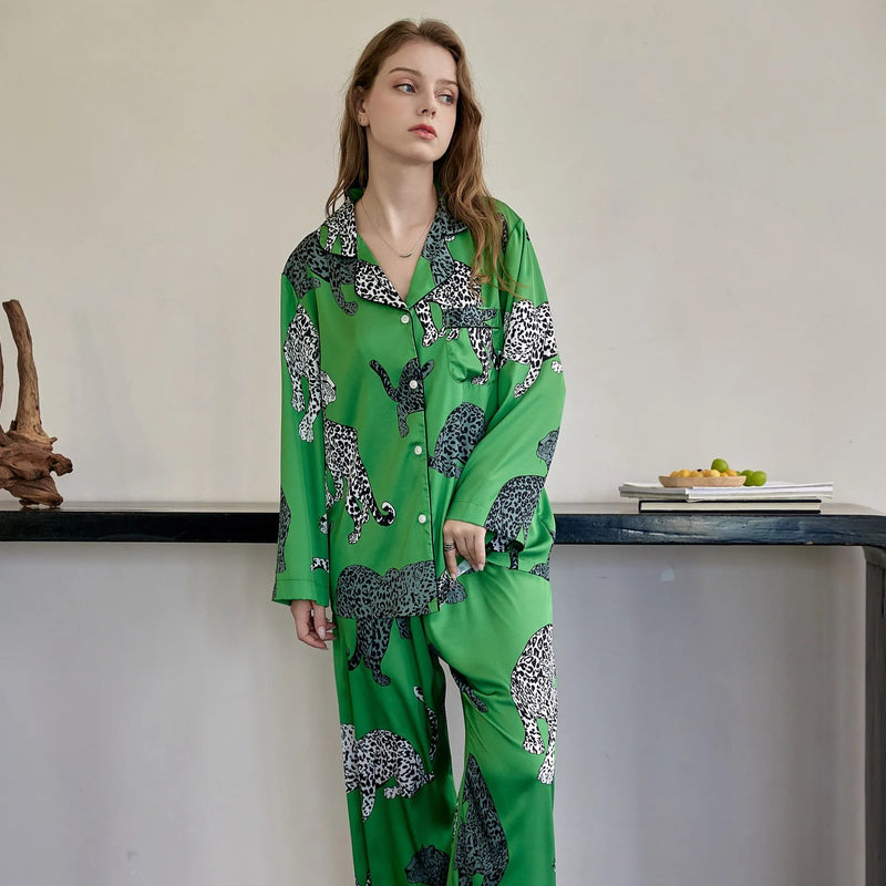 Green Leopard Printed Women's Silk Pajamas