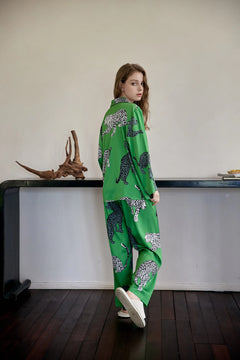 Green Leopard Printed Women's Silk Pajamas