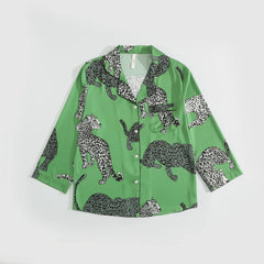 Green Leopard Printed Women's Silk Pajamas