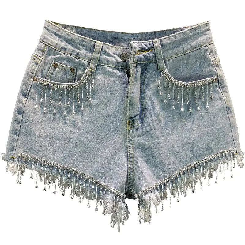 Rhinestone Fringe Tassle Denim Shorts