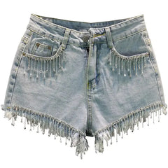 Rhinestone Fringe Tassle Denim Shorts